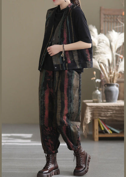 Black Print Vest Harem Pants Two Pieces Set Spring