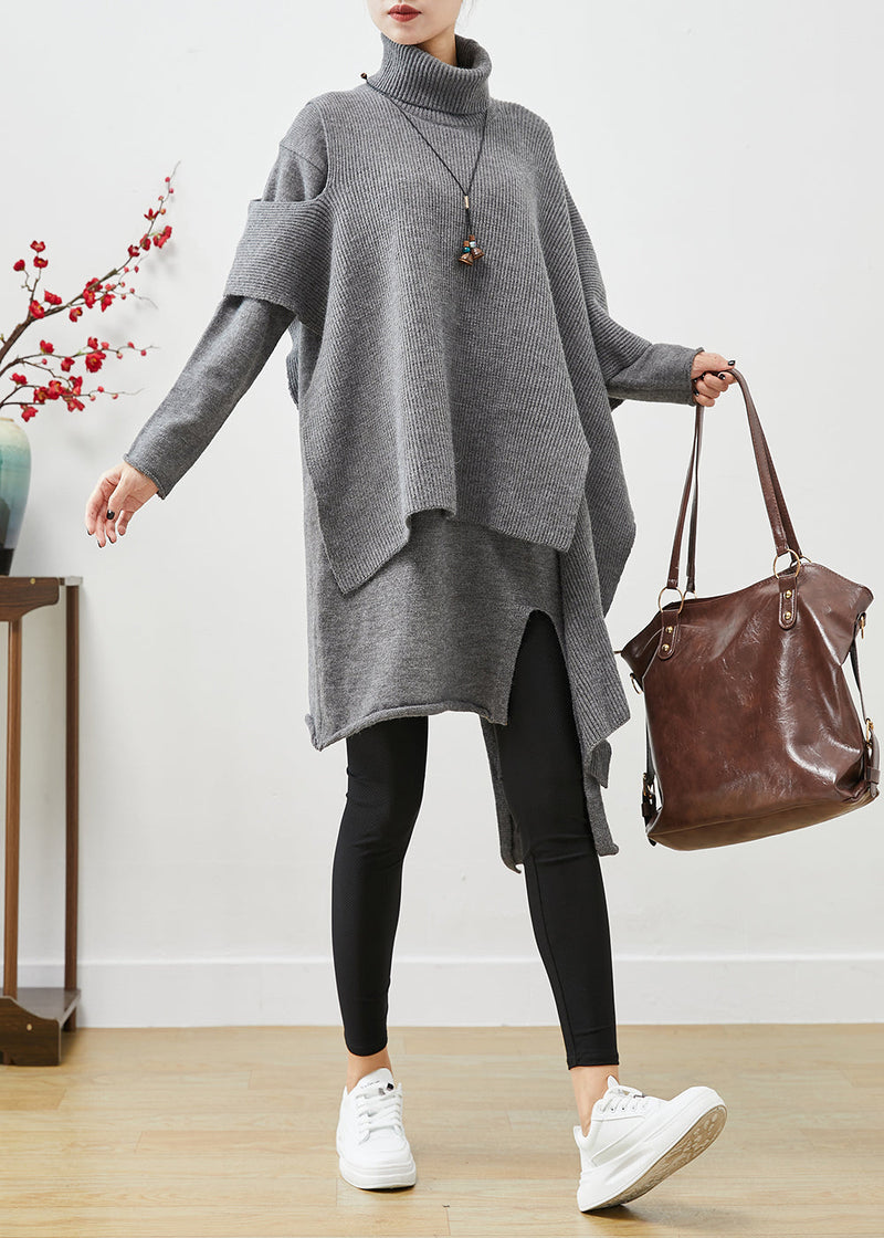 Grey High Neck Asymmetrical Cotton Two Pieces Set Fall