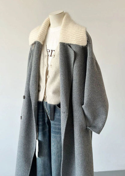 Grey Peter Pan Collar Pockets Knit Patchwork Woolen Long Coats Long Sleeve