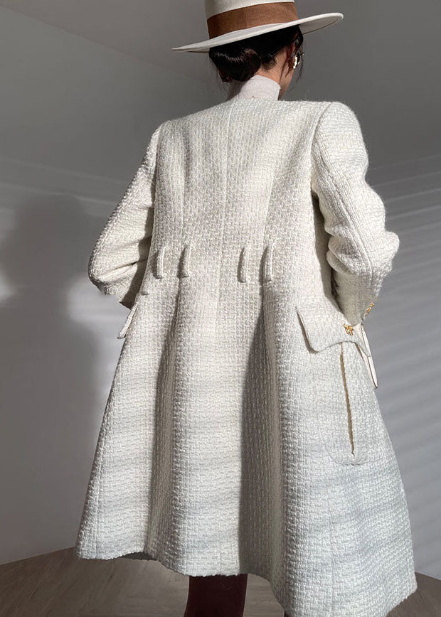 Fitted White O-neck Button Pockets Woolen Coats Long Sleeve