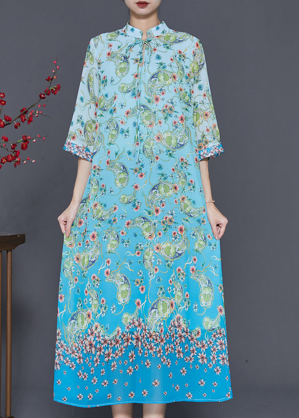 Blue Print Draping Chiffon Long Dresses Summer
