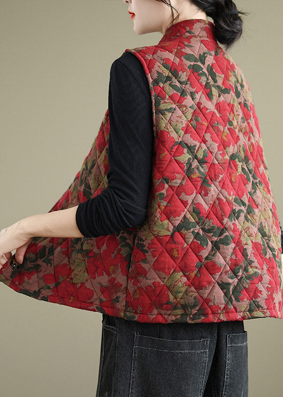 Red Print Pockets Fine Cotton Filled Vest Sleeveless