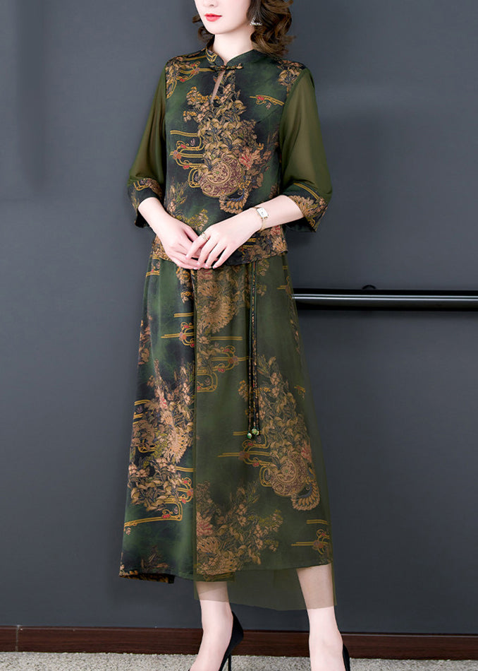 Green Stand Collar Tasseled Embroidered Silk Two Pieces Set Summer