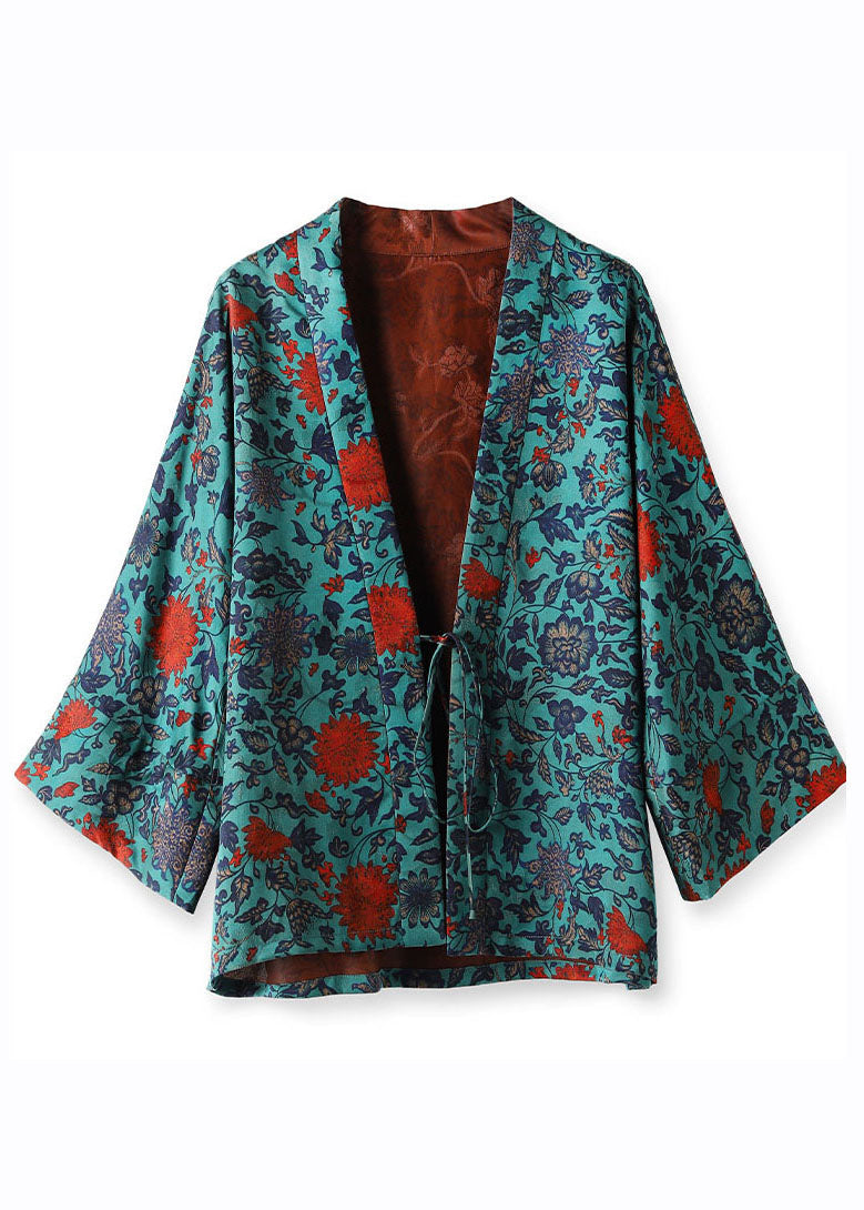 Blue V Neck Print Tie Waist Silk Coats Long Sleeve