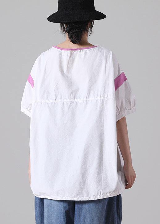 Diy White Patchwork O-neck Cotton Top Short Sleeve