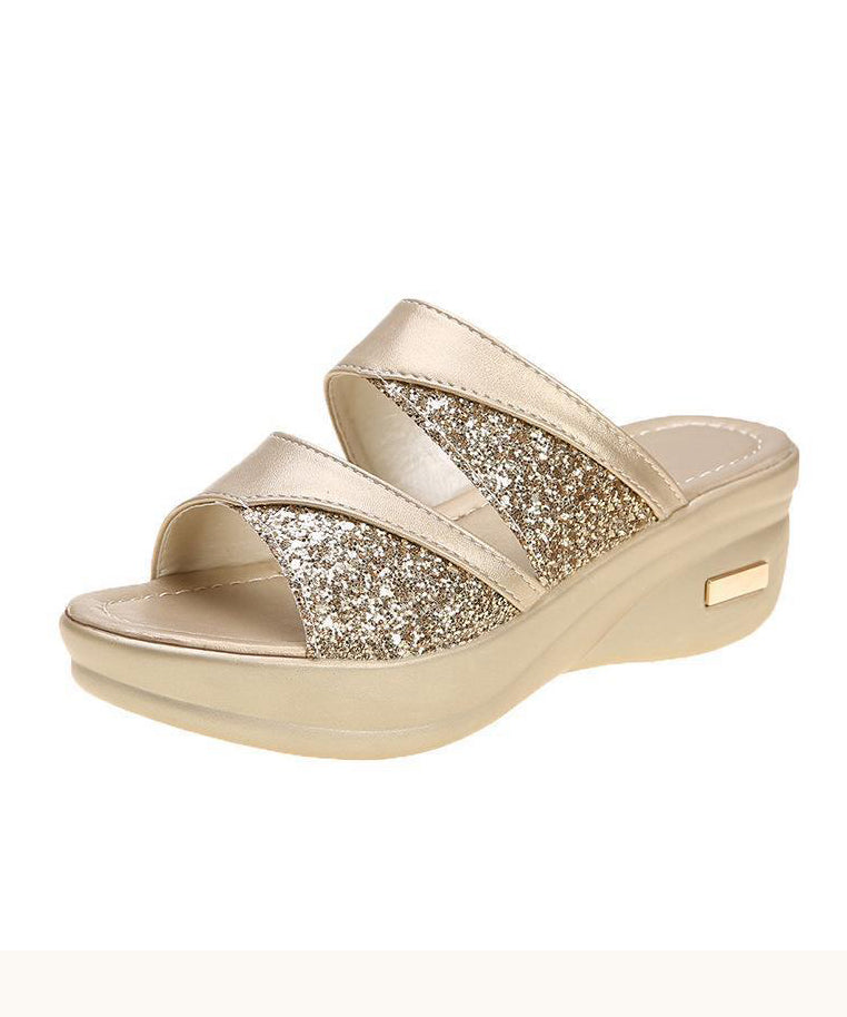 Gold Sequins Wedge Heels Slide Sandals Peep Toe