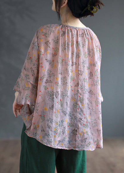 Pink Print Patchwork Linen Shirts Flare Sleeve