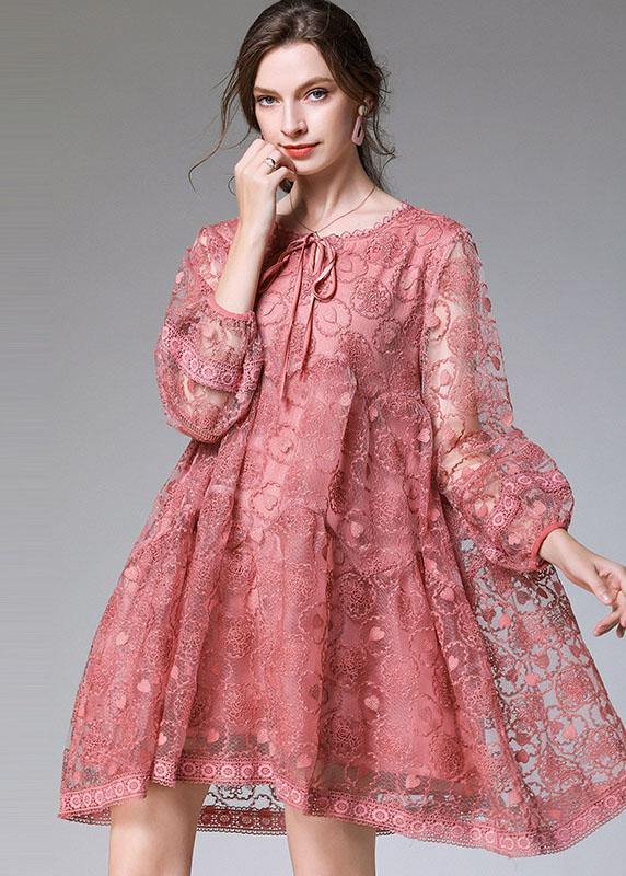 Classy Pink Spring Lace Party Dress Long Sleeve