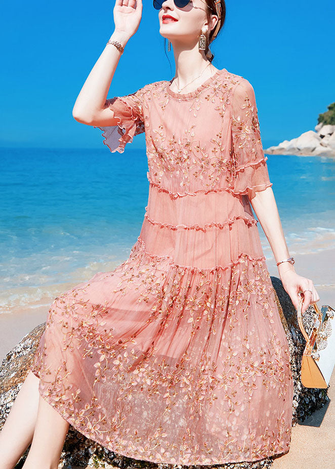 Pink O-neck Ruffled Print Silk Maxi Dresses Short Sleeve