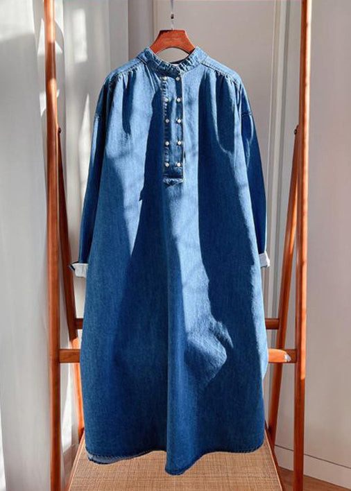 Blue Button Pockets Denim Long Dresses Fall