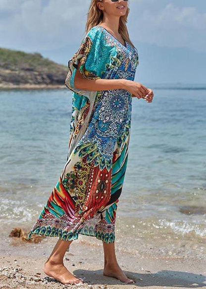 Blue Print Cotton V Neck Beach Gown Ankle Dress