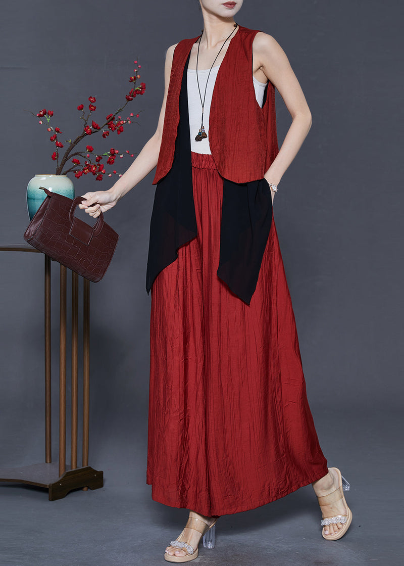 Red Patchwork Linen Two Piece Set Clothing Summer