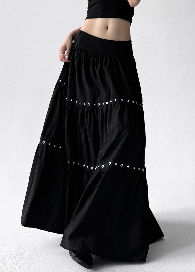 Black Wrinkled Patchwork Elastic Waist Cotton a Line Skirts Summer