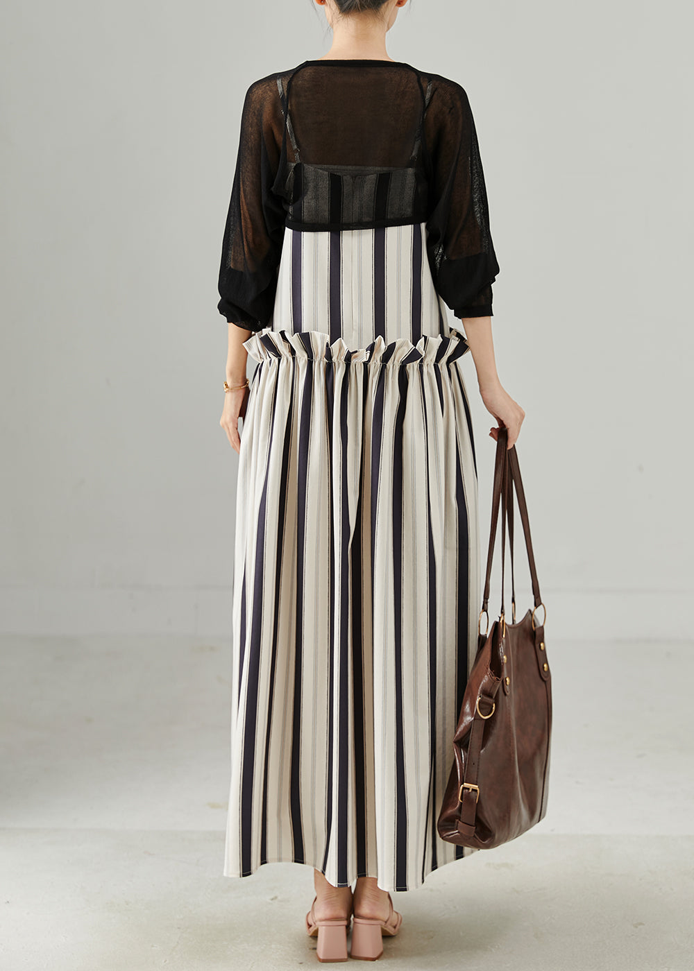 Khaki Ruffled Striped Cotton Sets 2 Pieces Fall