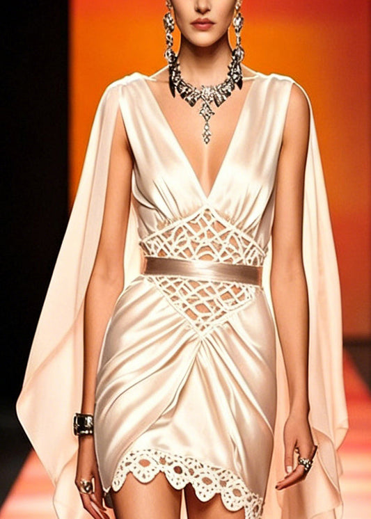 Slim Fit Champagne Color Asymmetrical Hollow Out Patchwork Silk Mid Dress Summer