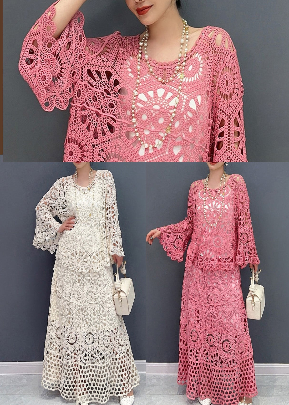 White Hollow Out Knit Two Piece Set Outfits Summer