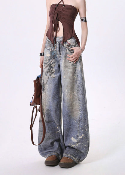 Blue Pockets Chain Print Denim Straight Pants Spring