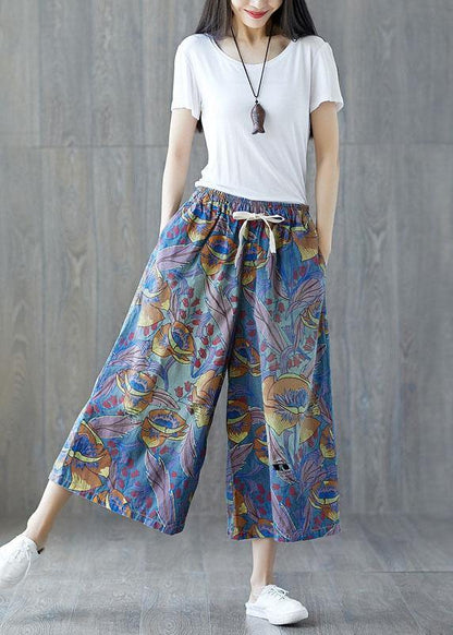 Blue Pockets Print Tie Waist Fall Wide Leg Pants