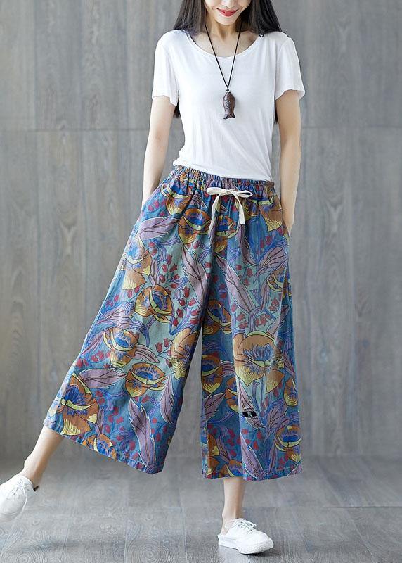 Blue Pockets Print Tie Waist Fall Wide Leg Pants