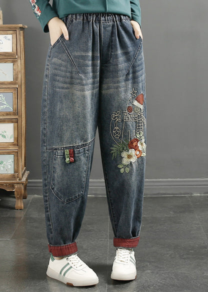 Navy Embroideried Patchwork Denim Pants Spring