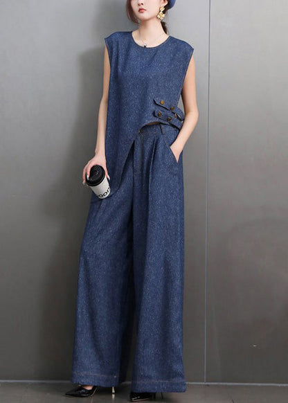 French Navy Asymmetrical Design Denim Two-piece Set Sleeveless