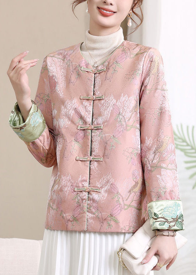 Pink Button Print Silk Coats V Neck Long Sleeve Fall