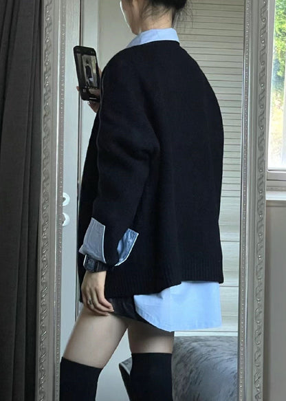 Simple Black V Neck Knit Cardigans and Blue Shirts Two Piece Set Fall