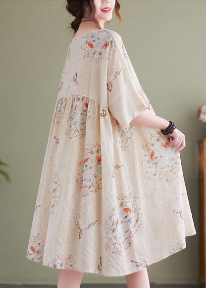 Beige O-neck Wrinkled Print Cotton Mid Dress Short Sleeve