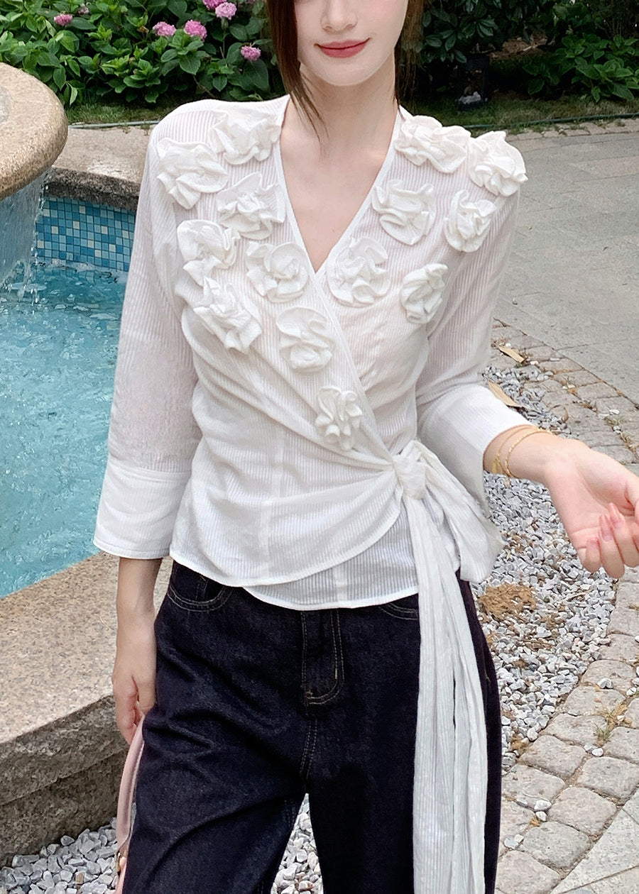 Slim Fit White V Neck Lace Up Cotton T Shirt Fall