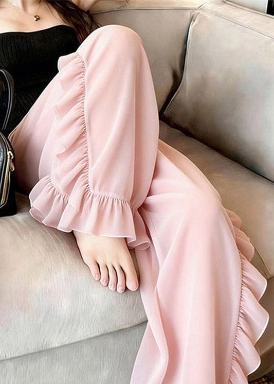 Pink Ruffled Tulle Straight Pants Summer