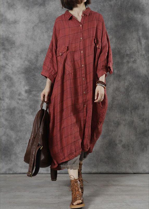 Red Plaid Pockets Patchwork Fall Three Quarter Sleeve Dresses