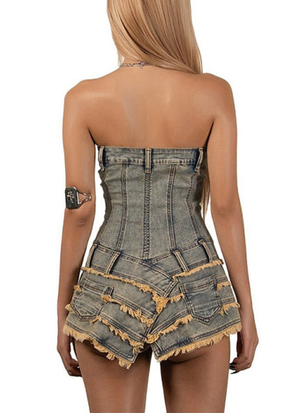 French Asymmetrical Strapless Denim Mini Dresses Sleeveless