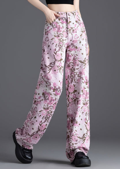 Pink Print Denim Straight Pants Spring