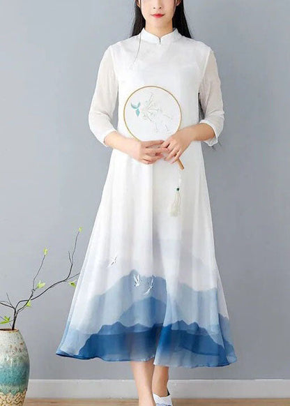 White Stand Collar Patchwork Print Silk Dress Summer