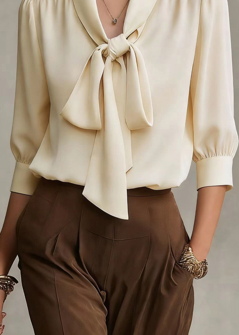French Apricot Bow Silk Shirts Top Spring