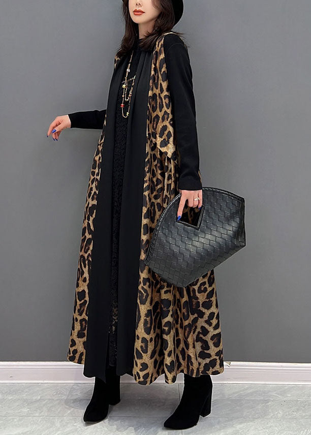 Black Leopard Print Patchwork Chiffon Long Cardigan Sleeveless