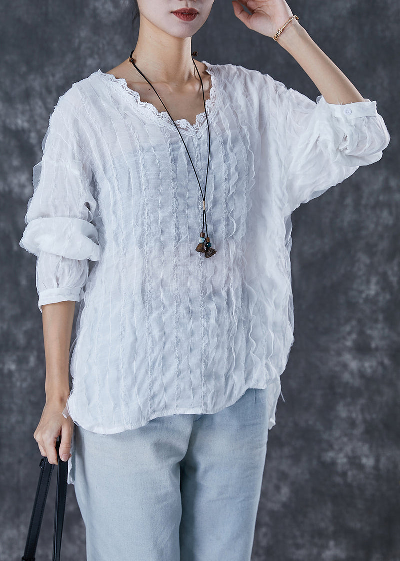 White Ruffled Low High Design Cotton Shirt Top Fall