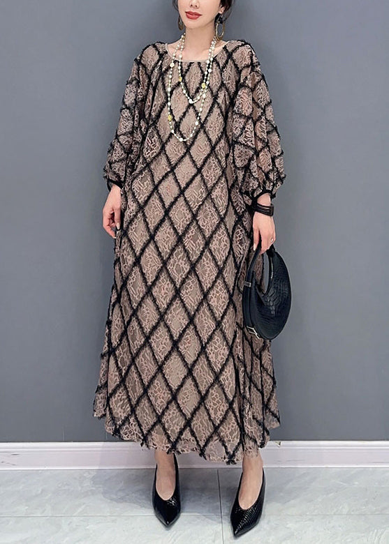 Plaid O Neck Patchwork Tulle Long Dress Fall