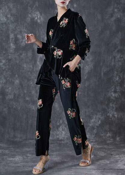 Black Embroideried Chinese Button Silk Velour 2 Piece Outfit Spring