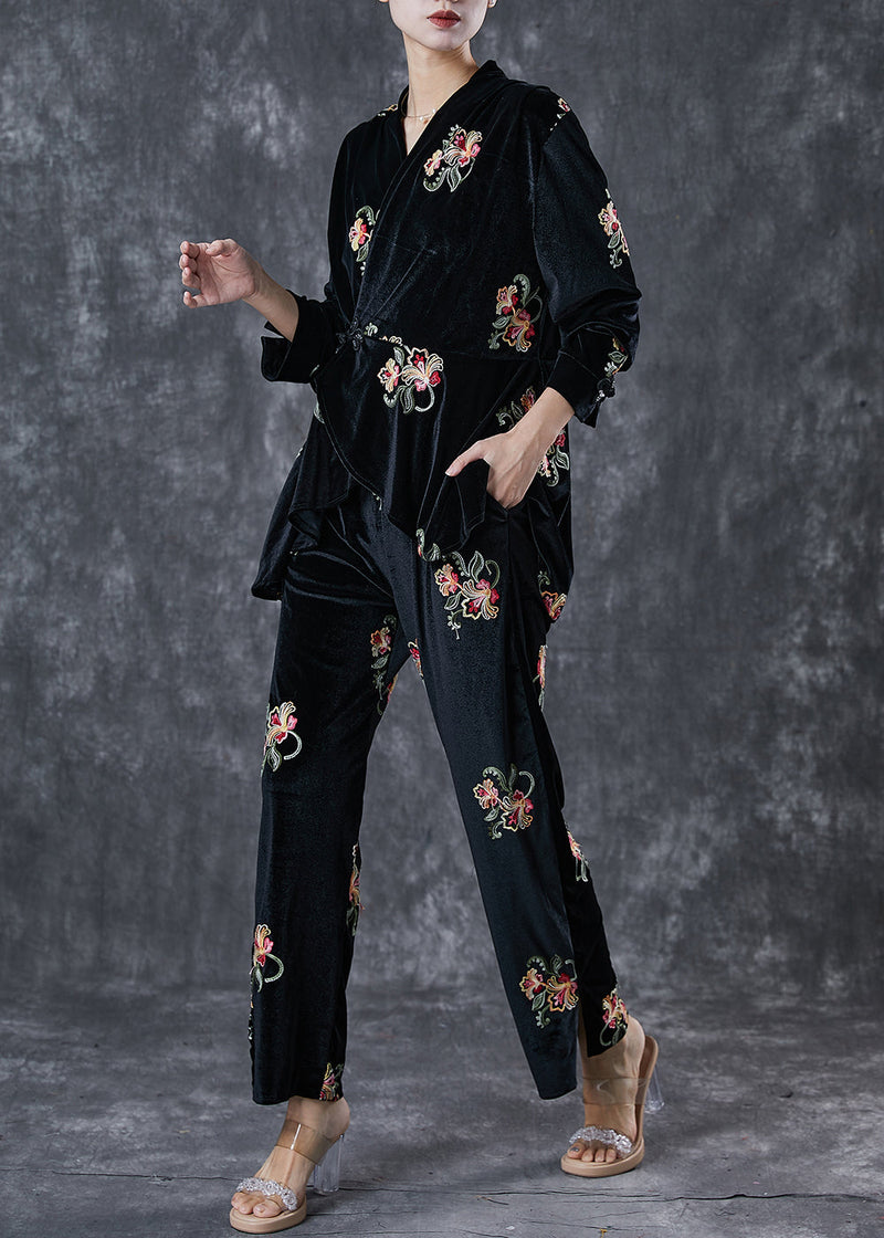 Black Embroideried Chinese Button Silk Velour 2 Piece Outfit Spring