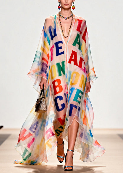 Oversized Letter Print Exra Large Hem Chiffon Beach Dress Summer