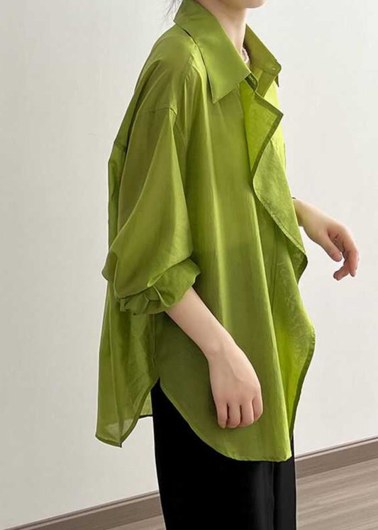 Modern Green Peter Pan Collar Patchwork Button Shirts Spring