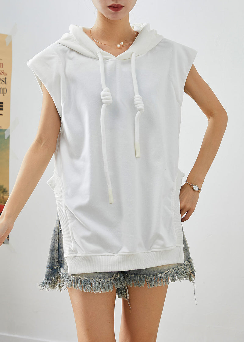 White Hooded Drawstring Side Open Cotton Sweatshirts Top Sleeveless