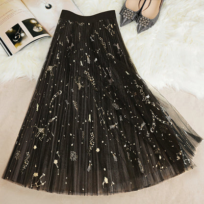 Blue Print Tulle Pleated Skirts Summer