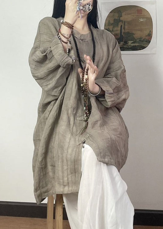Grey Brown Stand Collar Chinese Button Linen Shirt Top Fall