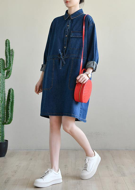 Blue Long Sleeve Cotton Spring Dress