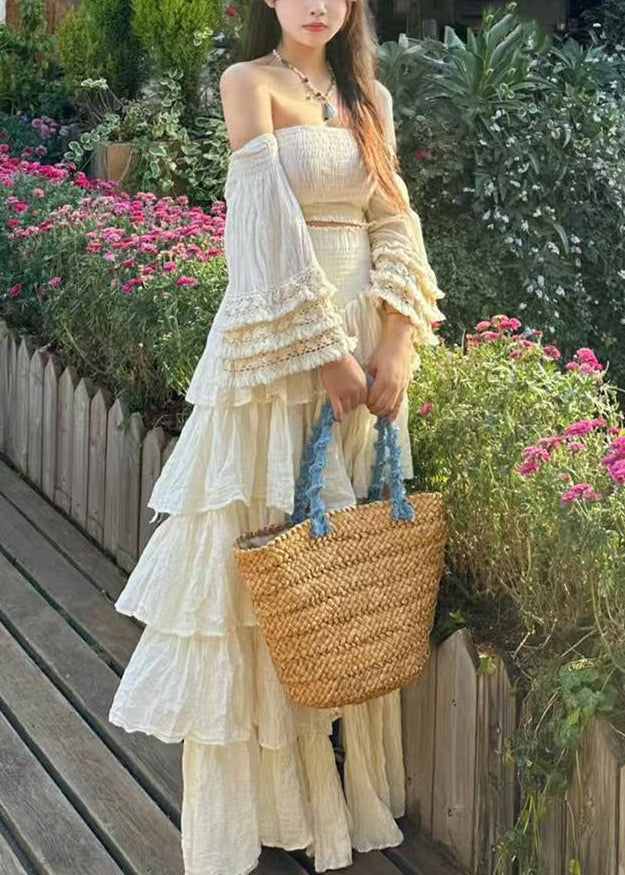 Novelty Apricot Slash Neck Wrinkled Cotton Two Piece Set Flare Sleeve