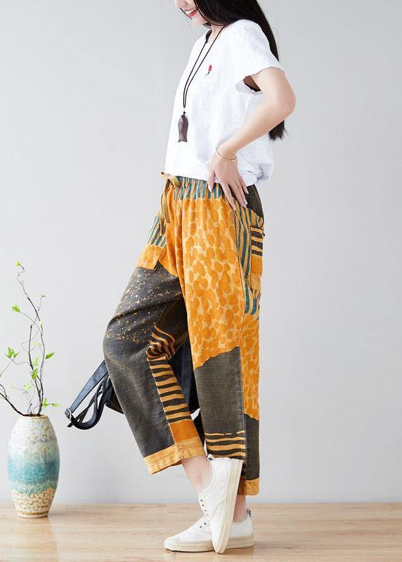 Modern Yellow Retro Colorblock Tie Waist Fall Pants Denim