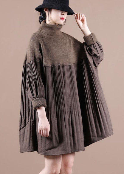 Chocolate High Neck Patchwork Fall Sweater Dress