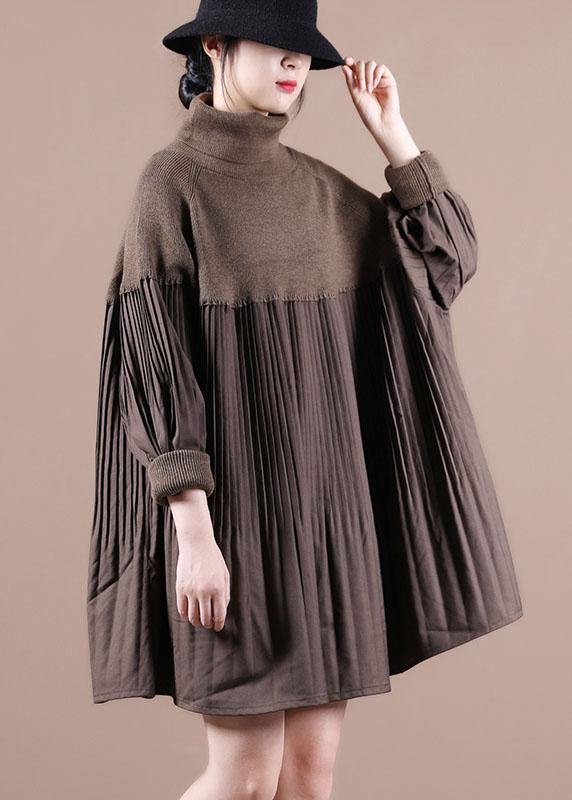 Chocolate High Neck Patchwork Fall Sweater Dress